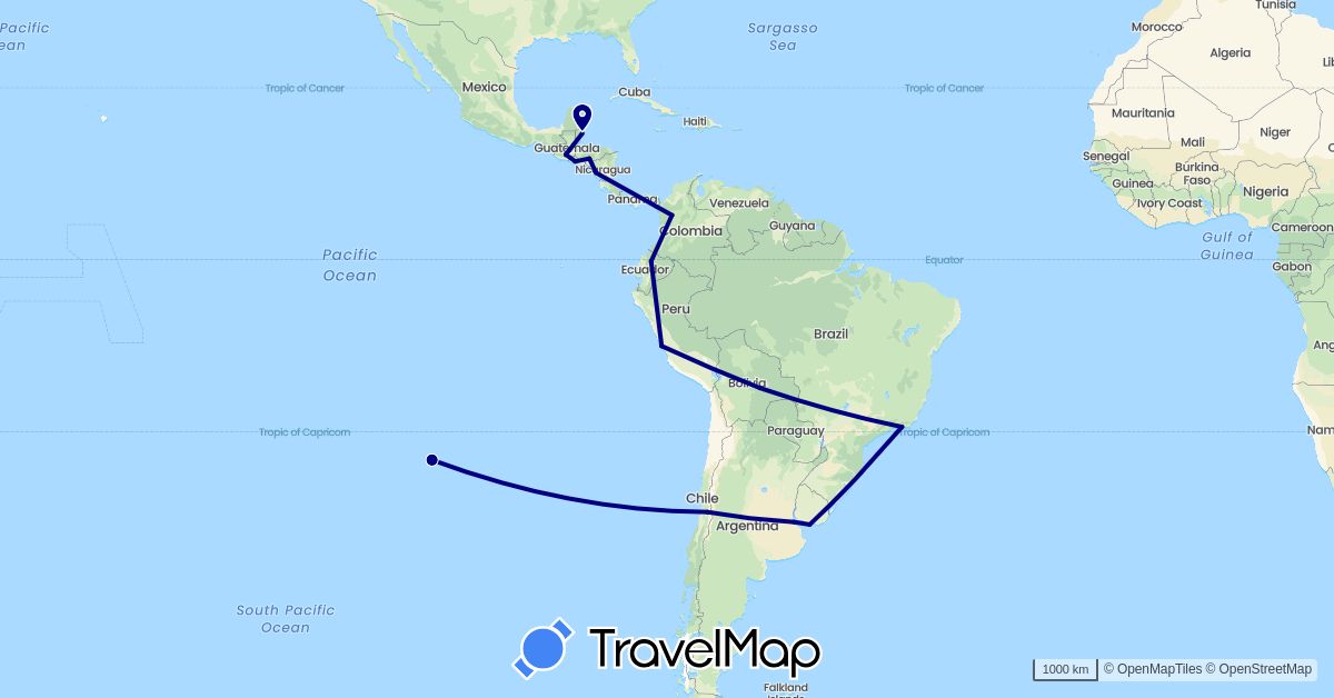 TravelMap itinerary: driving in Argentina, Bolivia, Brazil, Belize, Chile, Colombia, Ecuador, Guatemala, Honduras, Nicaragua, Peru, El Salvador, Uruguay (North America, South America)