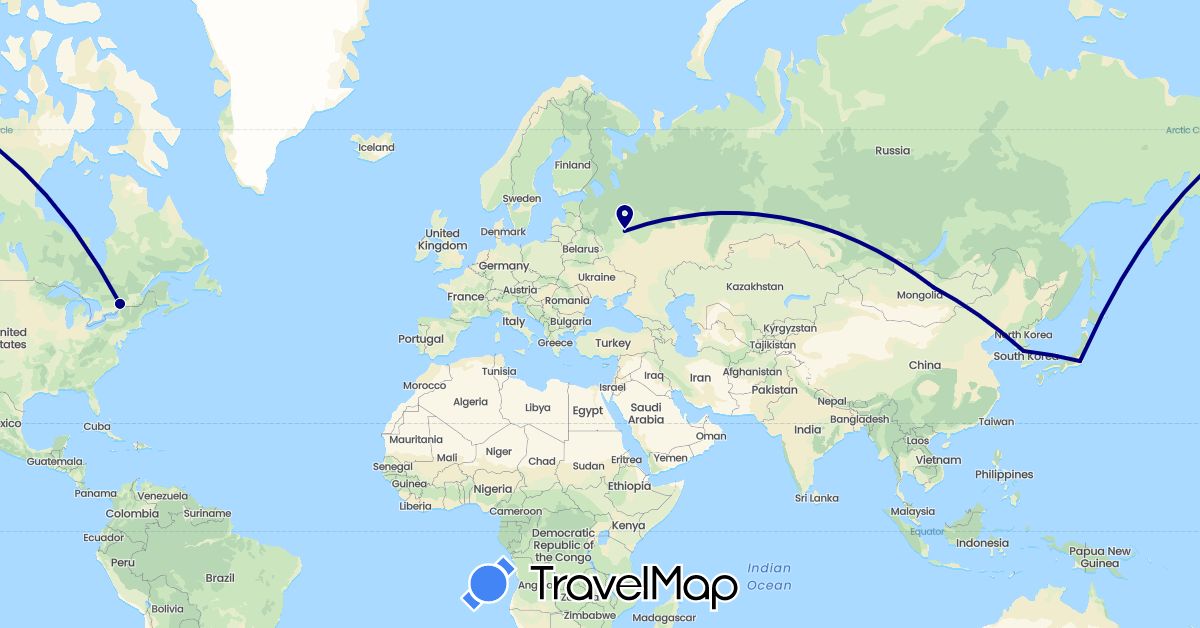 TravelMap itinerary: driving in Canada, Japan, South Korea, Mongolia, Russia (Asia, Europe, North America)